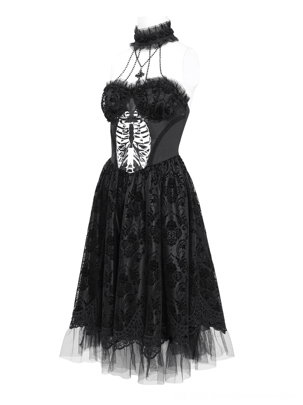 Black gothic halter dress on mannequin three-quarter view showing side halter strap and tulle underlayer