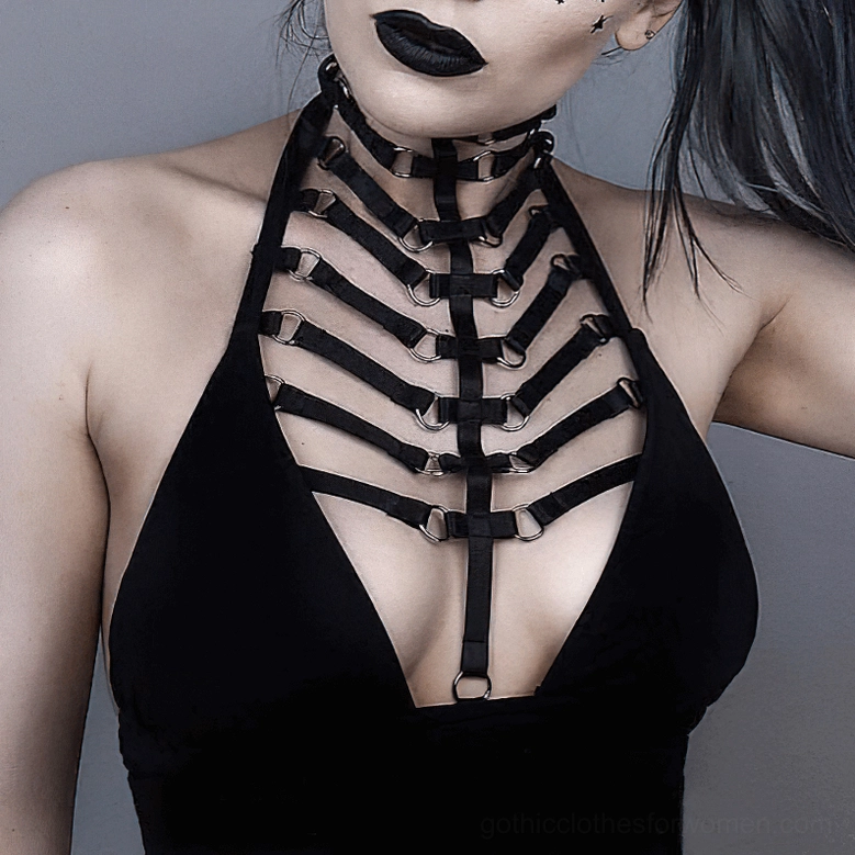 Gothic halter harness bra, deep V cutout strappy design, dark aesthetic styling on female model