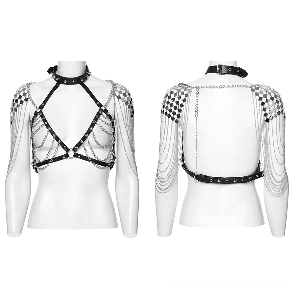Spiked neck halter harness front and back view on display mannequin, silver metal details