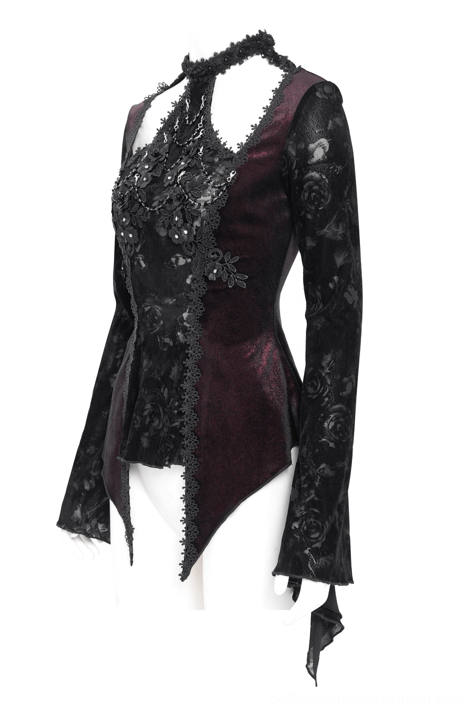 Wine red gothic lace bell sleeve top - side three-quarter view showing asymmetrical handkerchief hem and halter collar construction