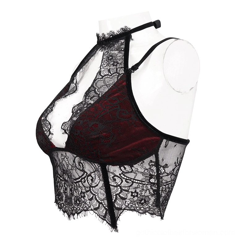 Wine red and black gothic halter lace bra side view on mannequin highlighting halter neck collar design and sheer lace lower body