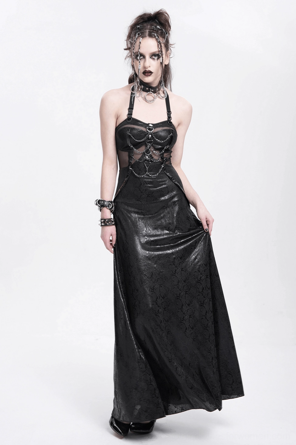 Black gothic halter maxi dress product photography showing overall design structure and alternative fashion styling