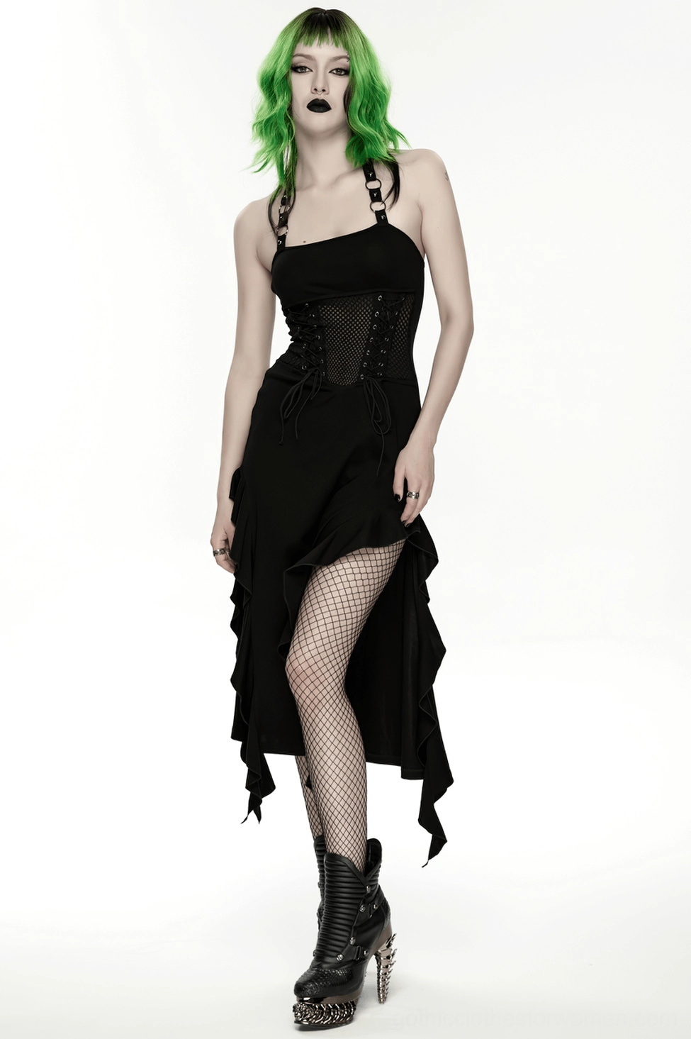 Gothic halter mesh dress alternative front view emphasizing corset lace-up design and mesh panel construction