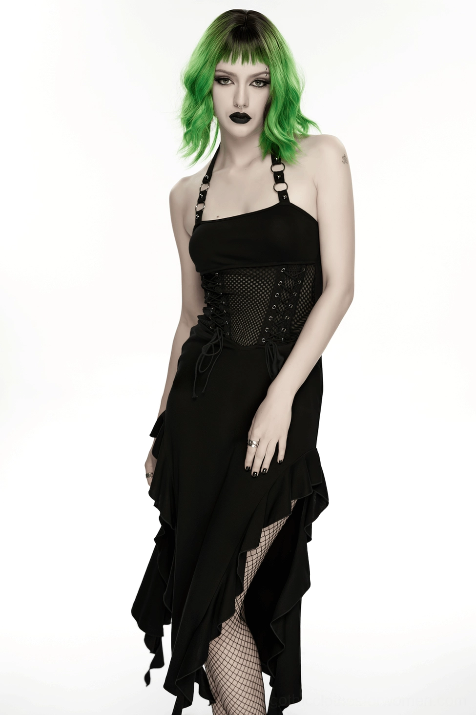 Gothic halter mesh dress showcasing fitted silhouette, transparent mesh panels, and dark fashion aesthetic