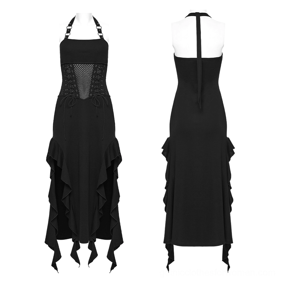 Gothic halter mesh dress front and back mannequin display showing corset lace-up waist detail and asymmetric ruffled hem