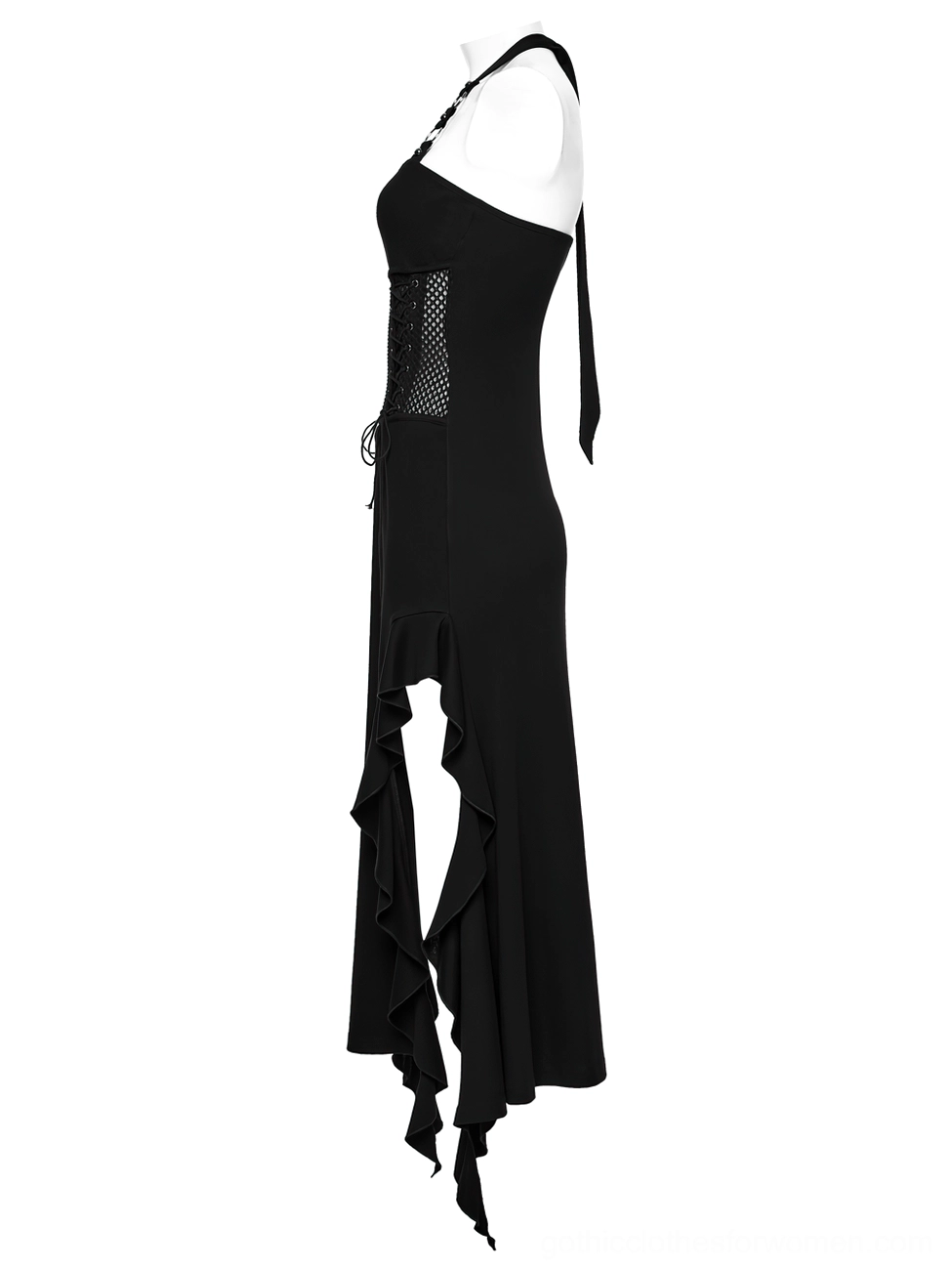 Side view of gothic halter mesh dress on mannequin showing fitted silhouette, side slit, and asymmetric ruffled hem movement