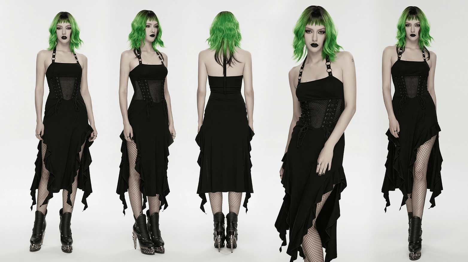 Black gothic punk halter mesh dress detail view of mesh layering, textile construction, and alternative fashion craftsmanship