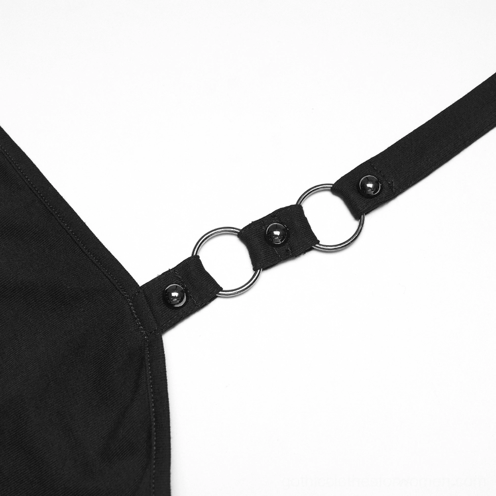 Close-up detail of black halter strap hardware featuring metal O-rings and rivets with gothic industrial aesthetic