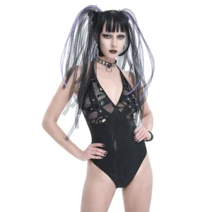 Black halter gothic one-piece swimsuit with metal rings fishnet chest panel front three-quarter view on goth model