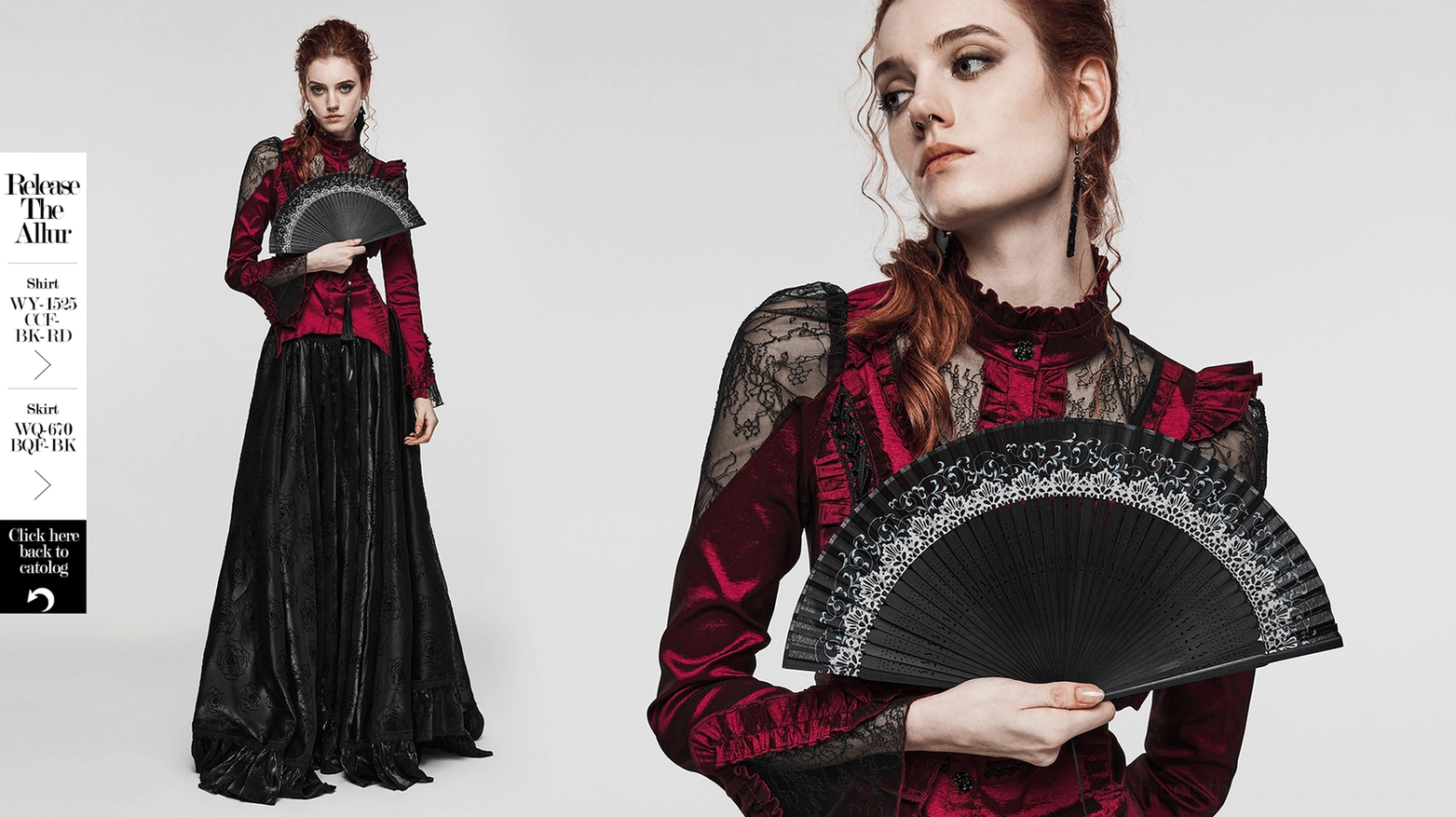 Split promotional image showing full-body gothic model and close-up detail of black Victorian lace hand fan with skull tassel