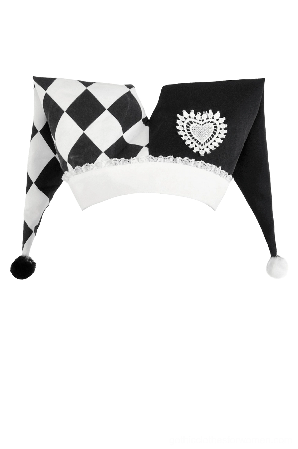 Harlequin jester hat with matching checkered dress and striped thigh-high socks full body view