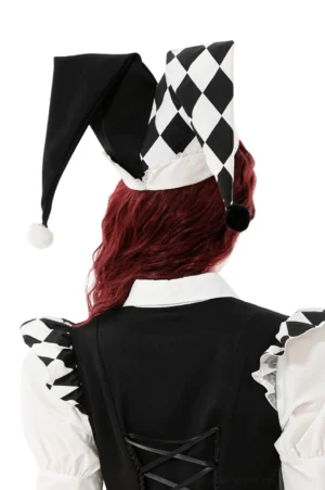 Harlequin jester hat back view showing checkered pattern and corset-back cosplay outfit pairing