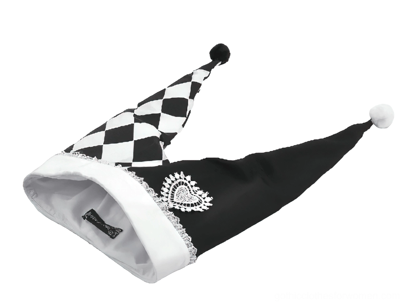 Black and white harlequin jester hat left side view showing satin-like fabric and pompom tip