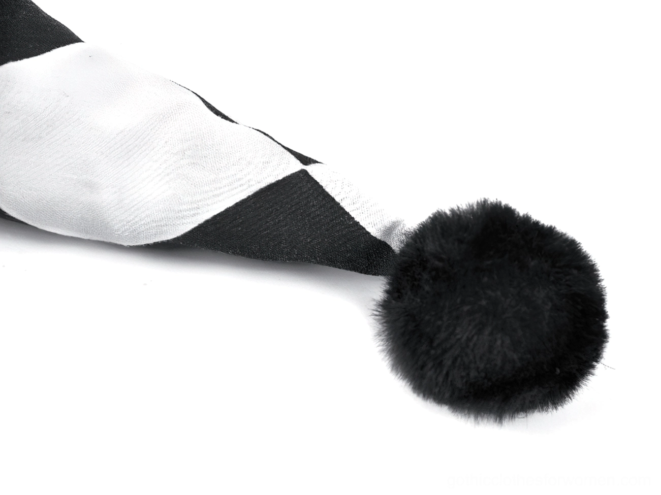 Black and white gothic harlequin jester hat worn for alternative fashion and cosplay styling