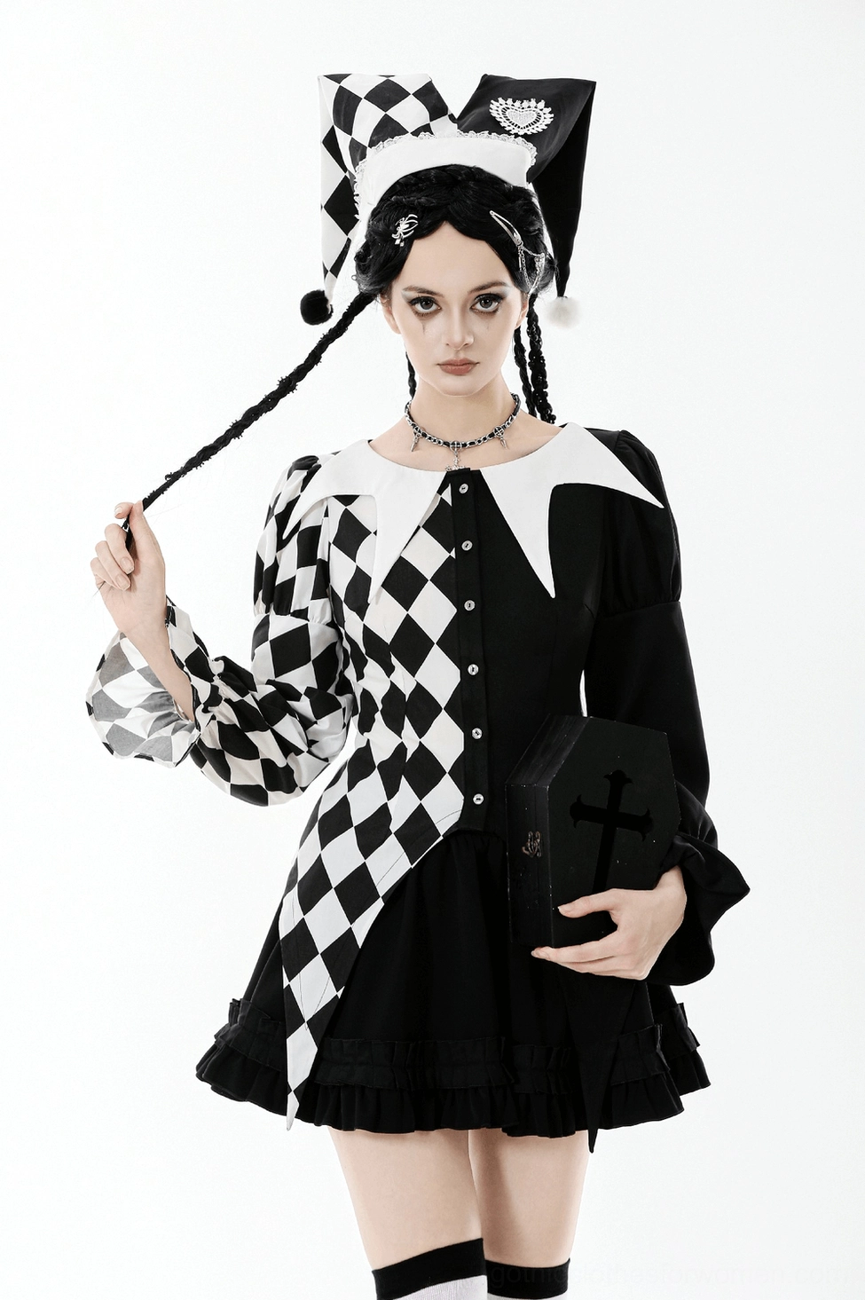 Harlequin jester hat worn with gothic alternative fashion outfit and styling