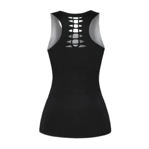 Women's gothic Harley Quinn sleeveless tank top rear view displaying distinctive hollow-out back detail and cutout design on navy fabric