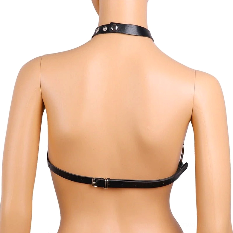 Back view of black leather body harness on mannequin, displaying adjustable back strap, metal D-rings, and neck choker connectivity