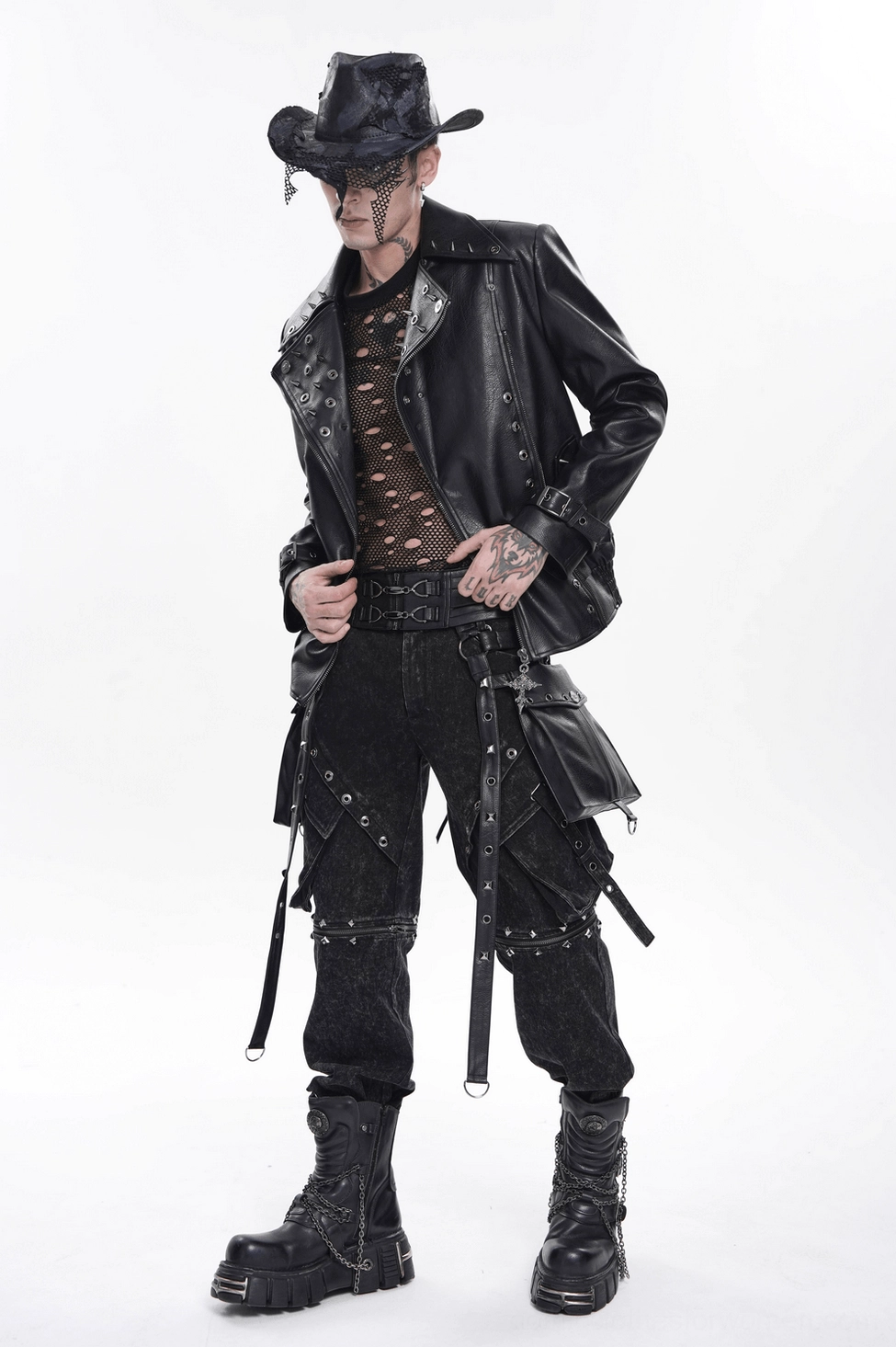 Black gothic harness belt styled for alternative fashion and subcultural expression with metal accents