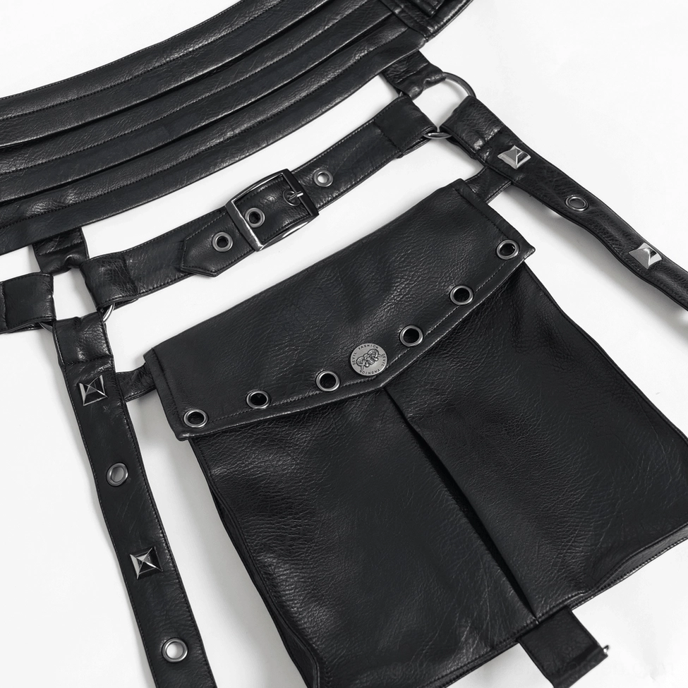 Black gothic utility harness belt displaying full product construction and layered leather components