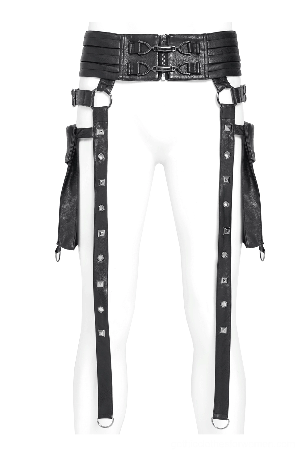 Black gothic harness belt on mannequin front view with double buckle waist closure and utility side pouches