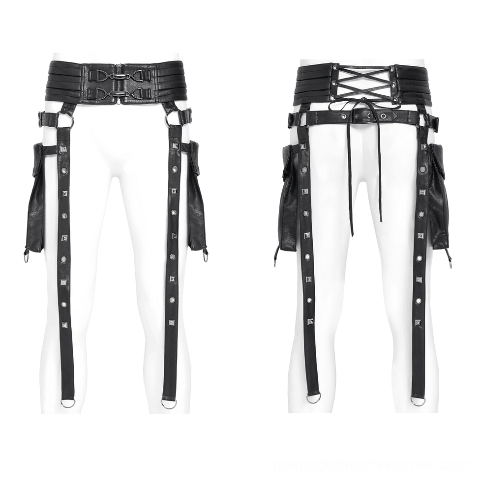 Black gothic harness belt on mannequin front view displaying buckled waist and long studded metal ring straps