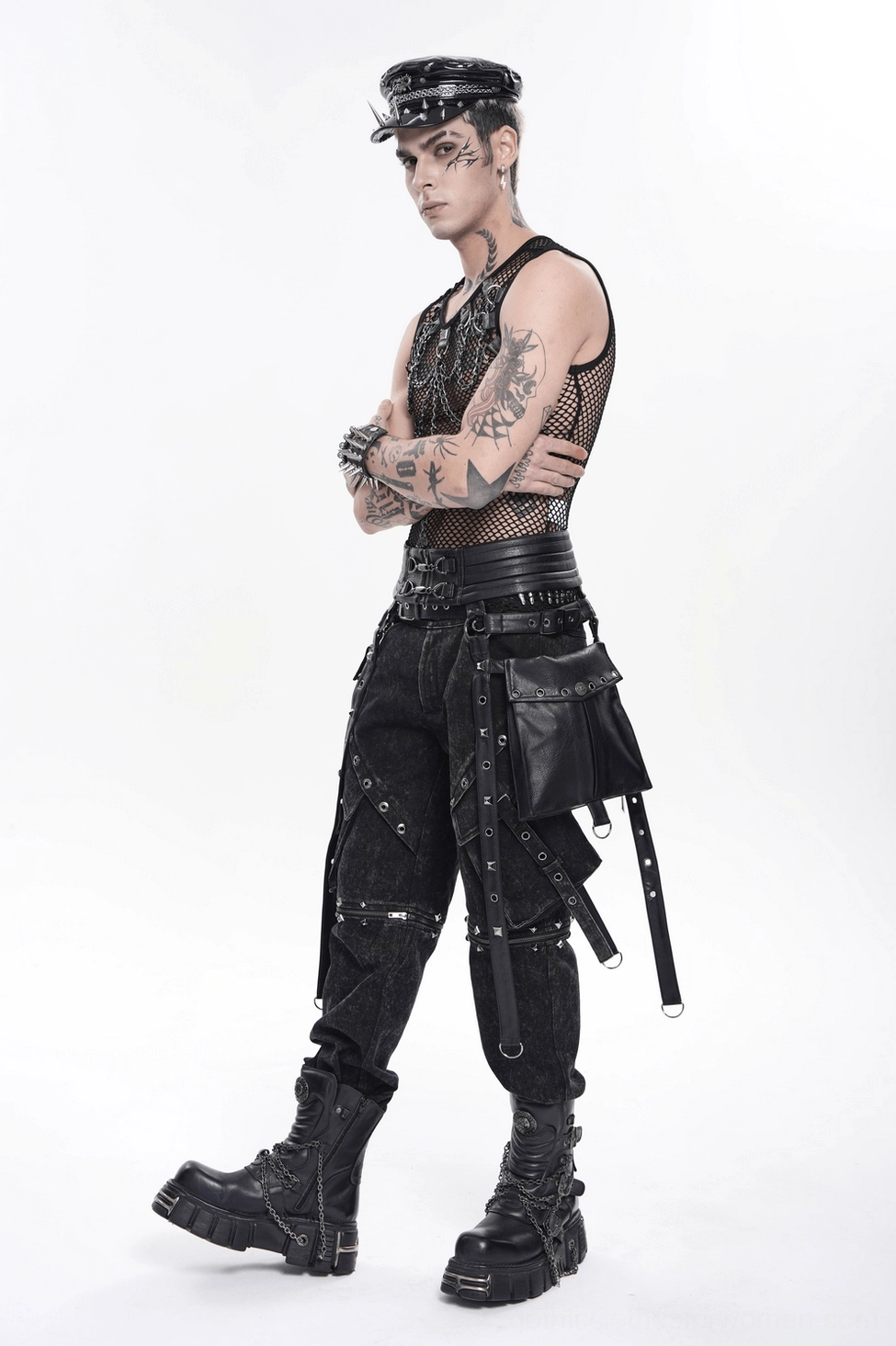 Black gothic utility harness belt full-length view on mannequin showing complete strap and pouch configuration