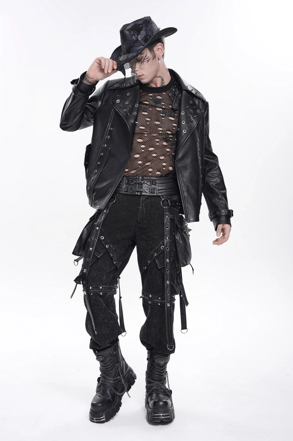 Black gothic harness belt strap adjustment detail showing functional lace-up back customization system