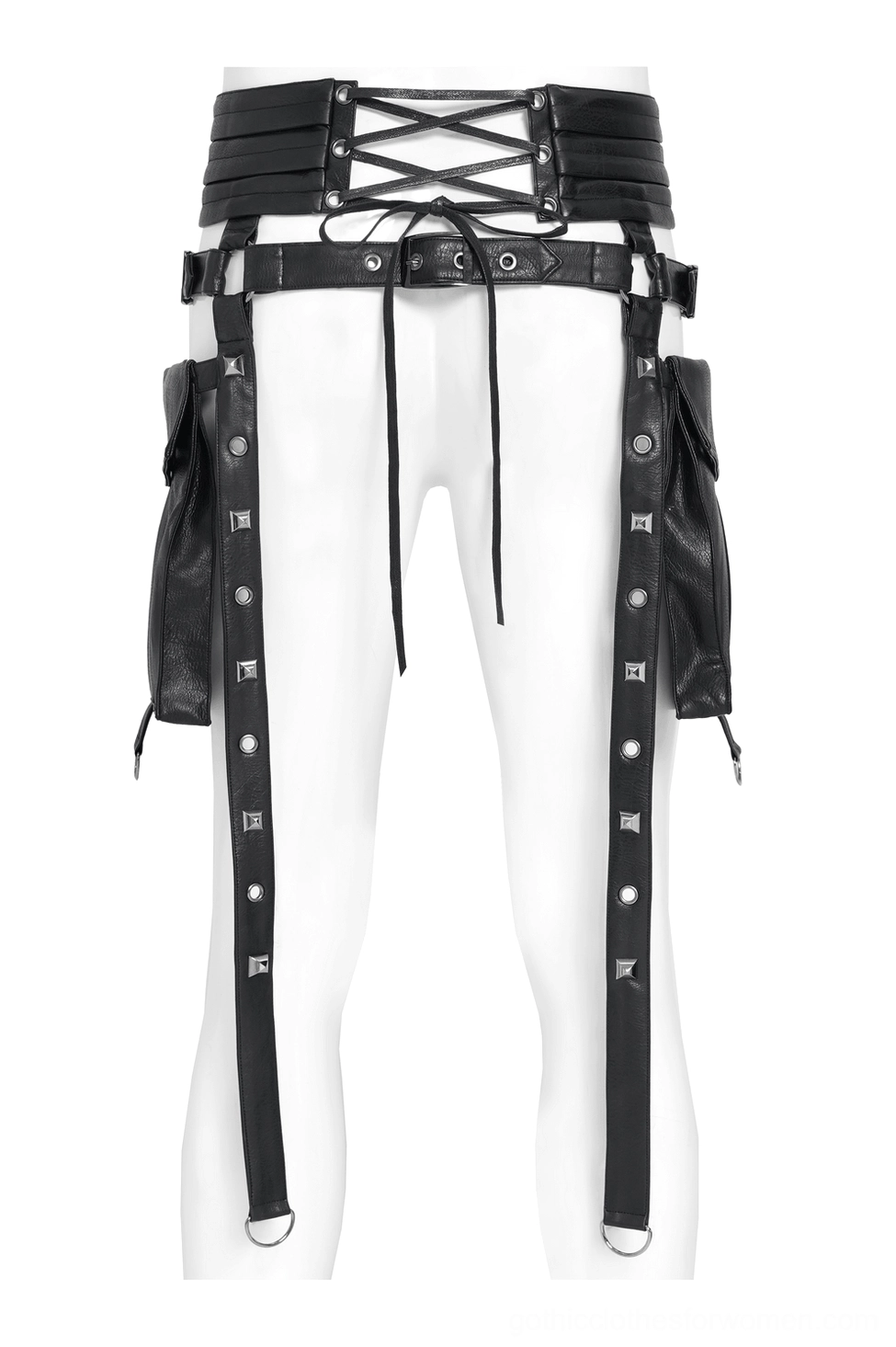 Black gothic harness belt front view with crisscross lace-up waist panel and side utility pouches on mannequin