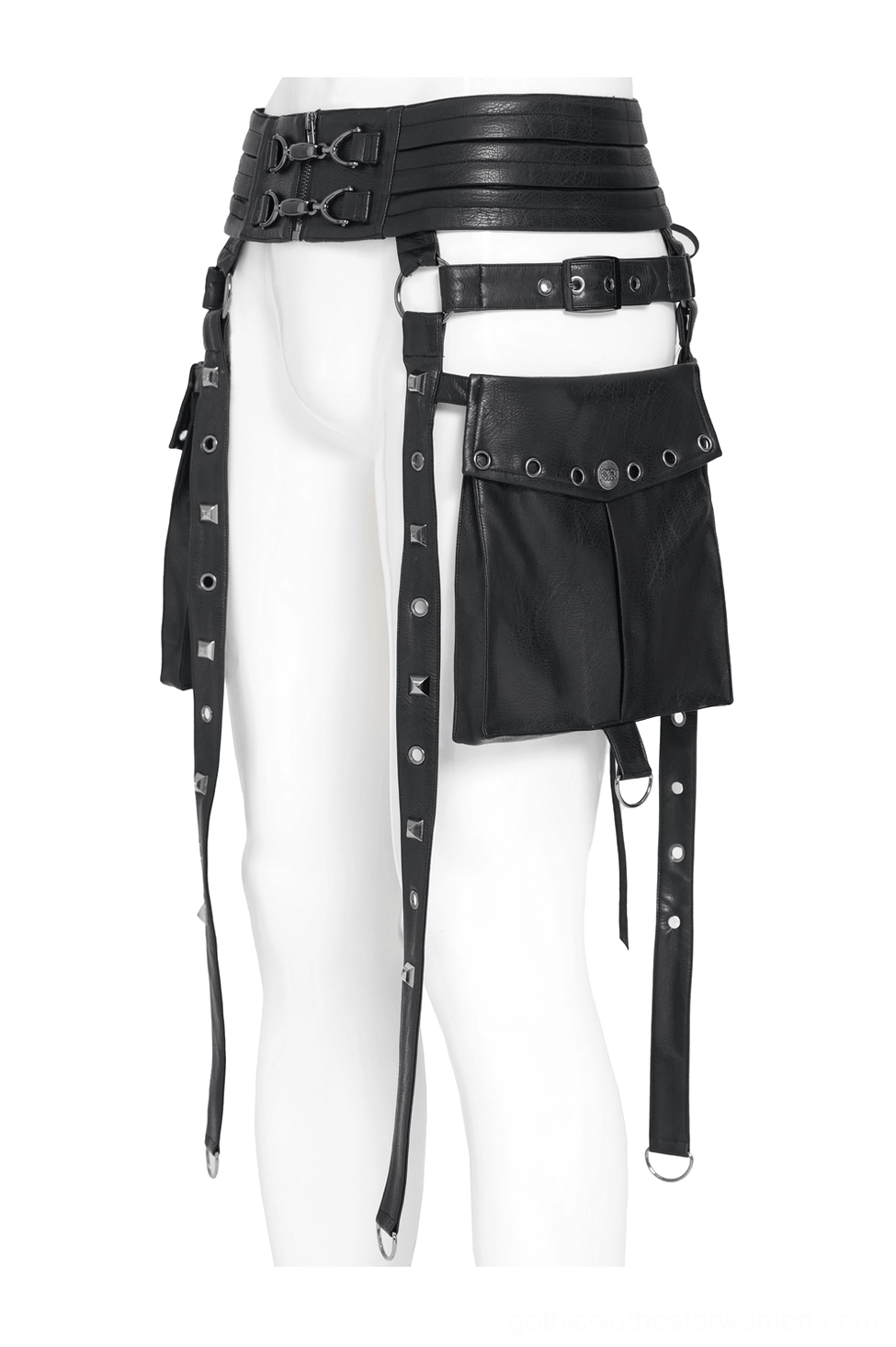 Black gothic harness belt side view on mannequin showing single large leather pouch and adjustable strap system