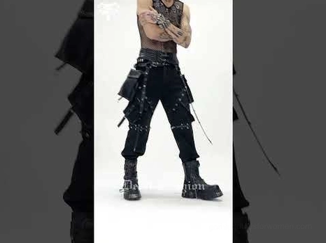 Black tactical punk harness belt side view showing multi-strap design and leather construction