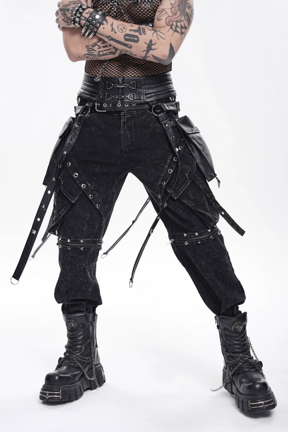Black gothic harness belt styled on mannequin showing complete ensemble with garter straps and metal rings