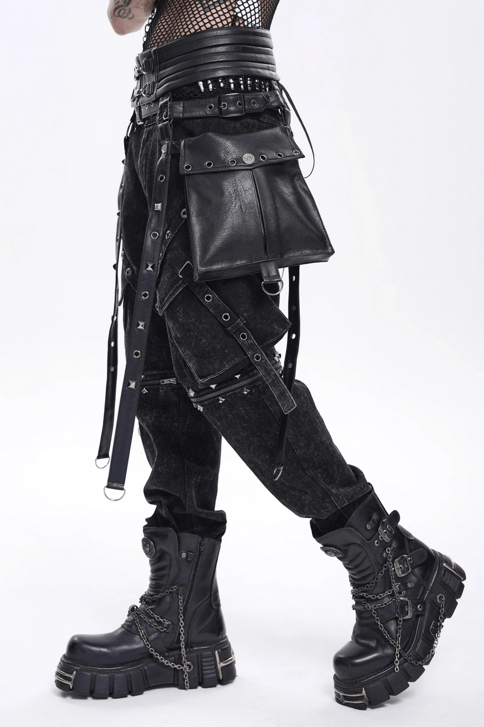 Black punk gothic harness belt on mannequin displaying front waist panel and buckle hardware system