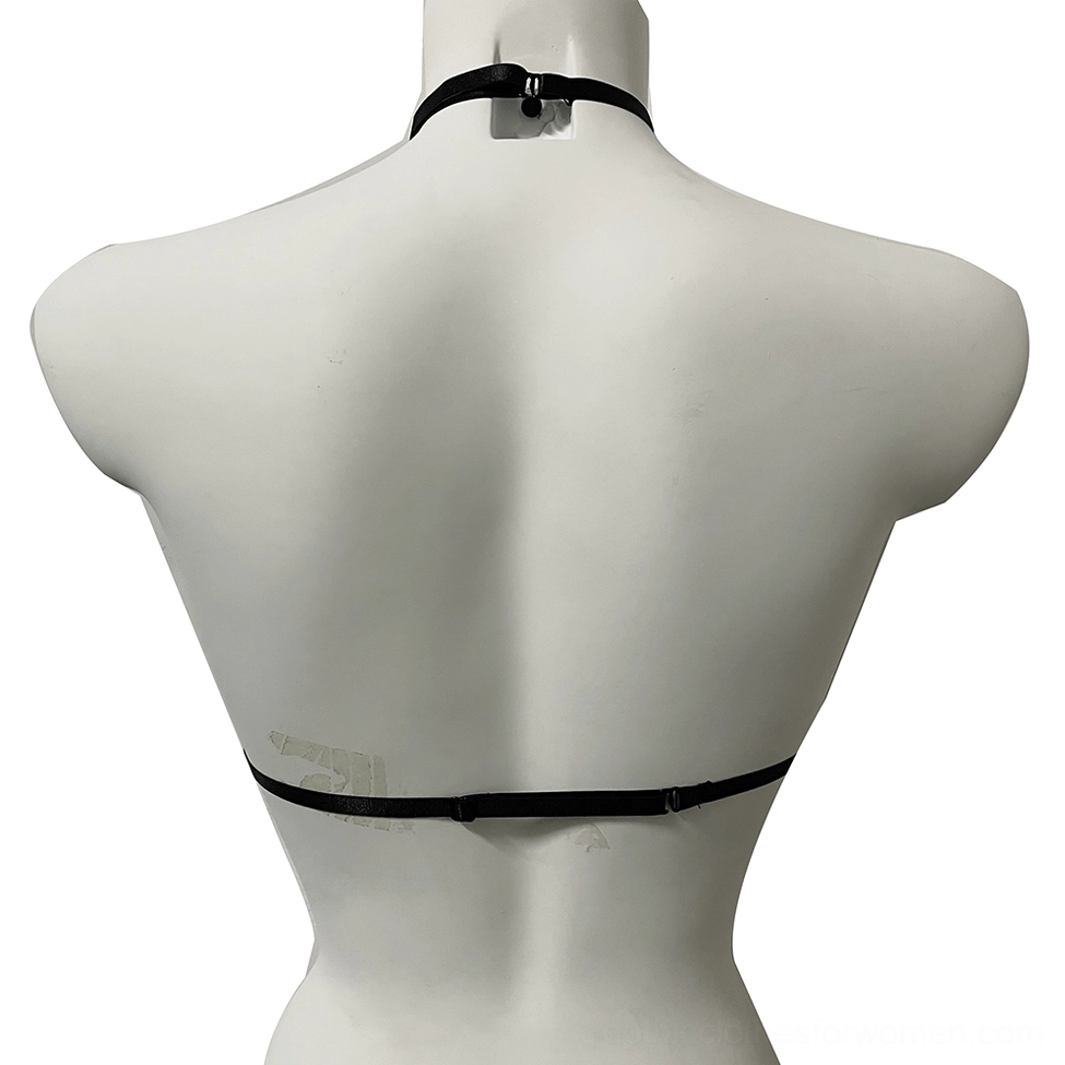 Adjustable gothic harness bra back view showing halter neck closure and back strap design with skull patch details
