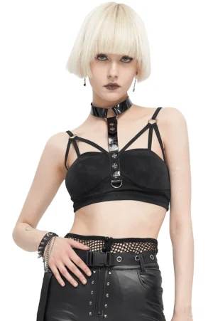Black gothic harness bralette with faux leather neck strap front three-quarter view on model