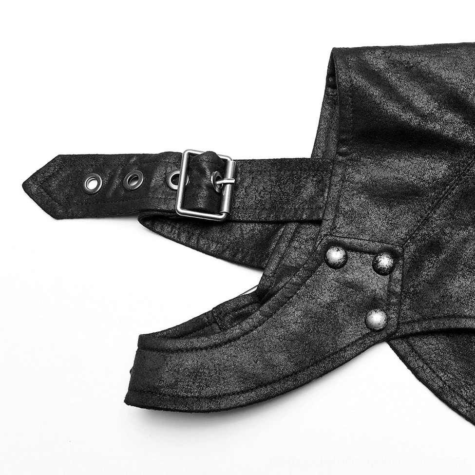 Close-up detail of gothic harness metal buckle fastener and black faux leather with rivet studs on shoulder strap