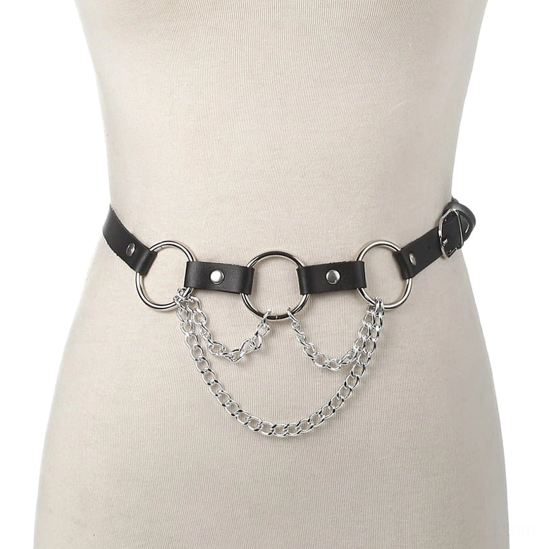Gothic waist harness on mannequin front view, featuring central metal rings and multi-layered silver chains creating architectural design