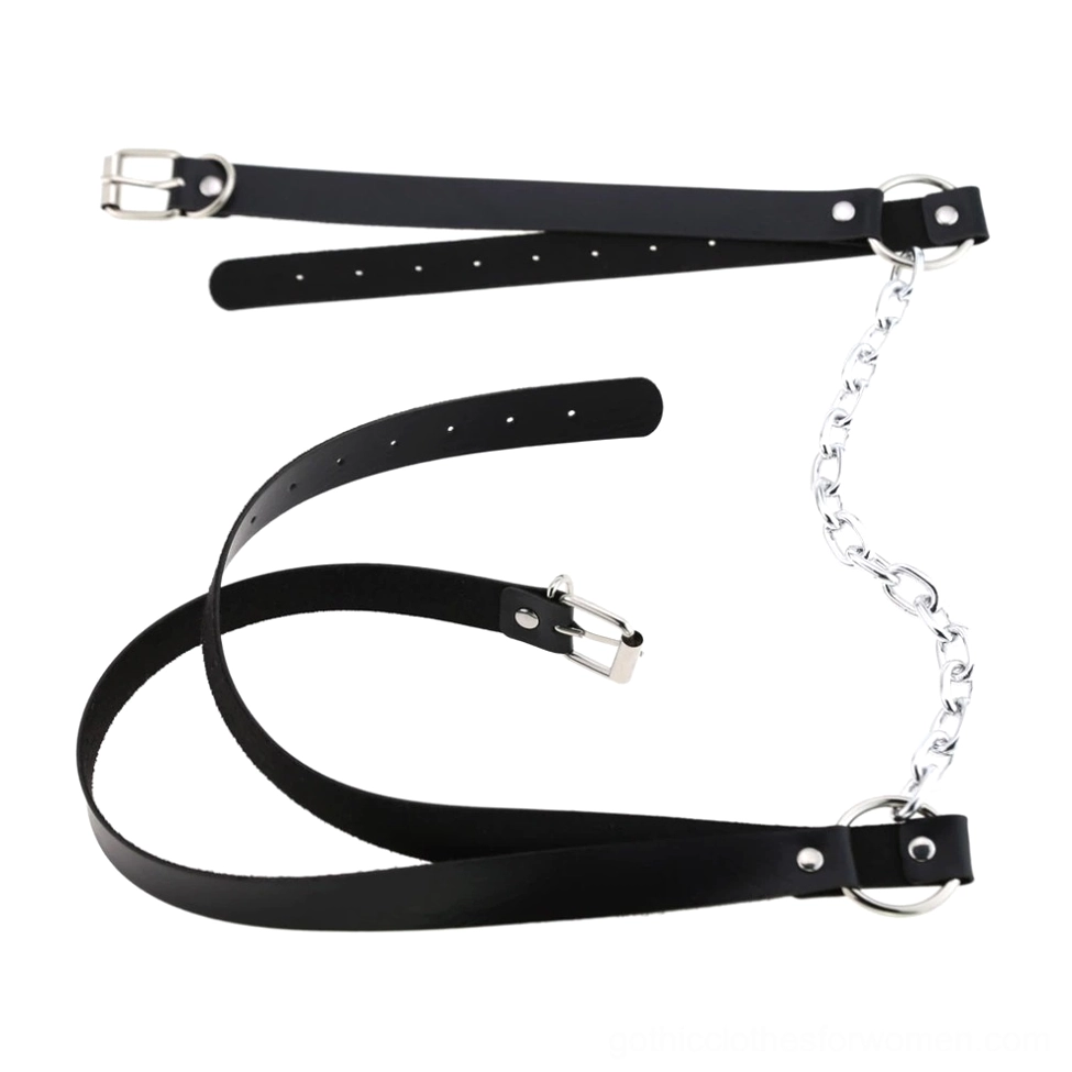 Gothic body harness with metal chain links and adjustable buckle system, alternative fashion
