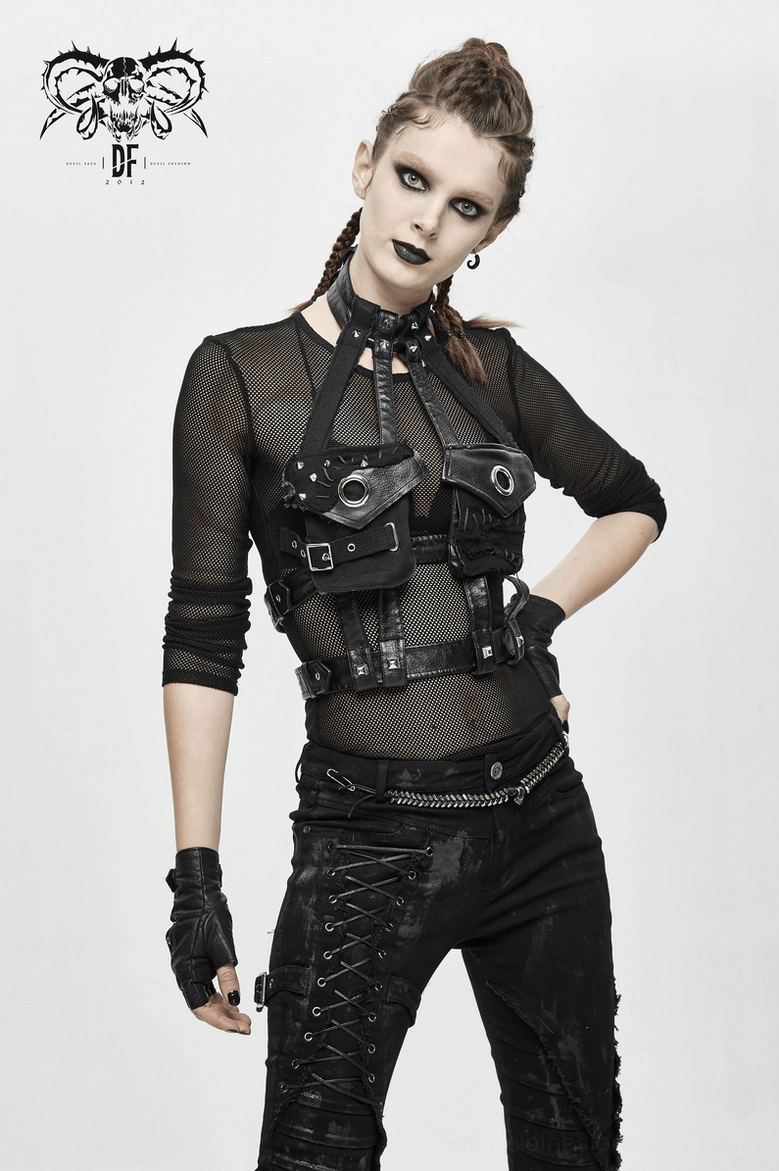 Black faux leather gothic harness detailed close-up showing metal rivets, grommets, and premium material construction