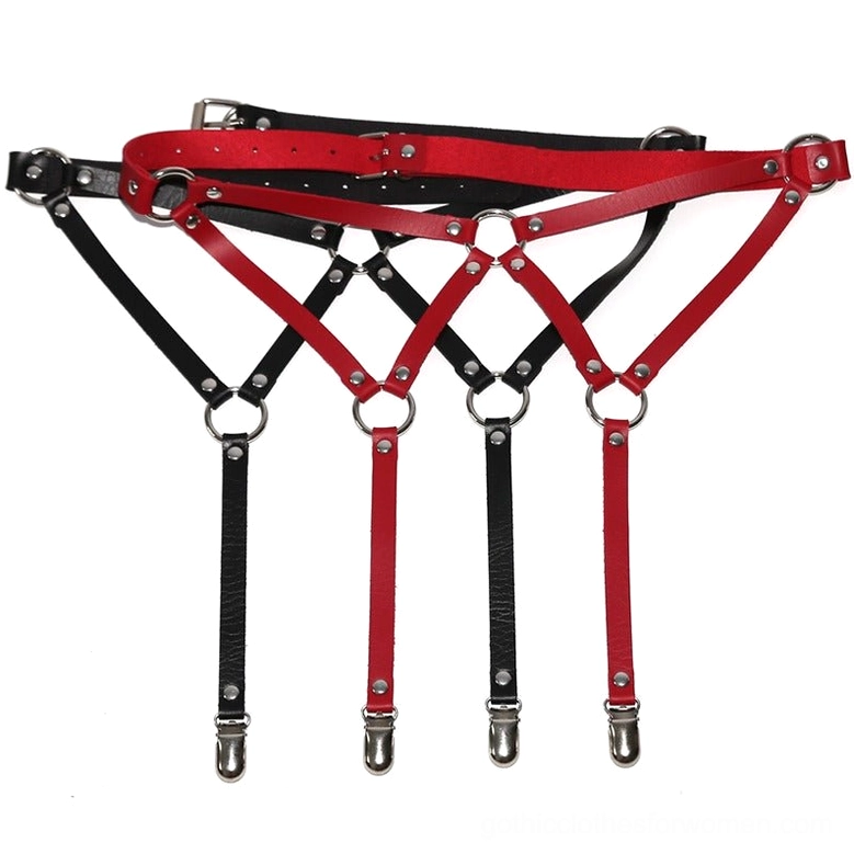 Multiple gothic harness color variants displayed together, showing black and red PU leather with various strap and clip configurations