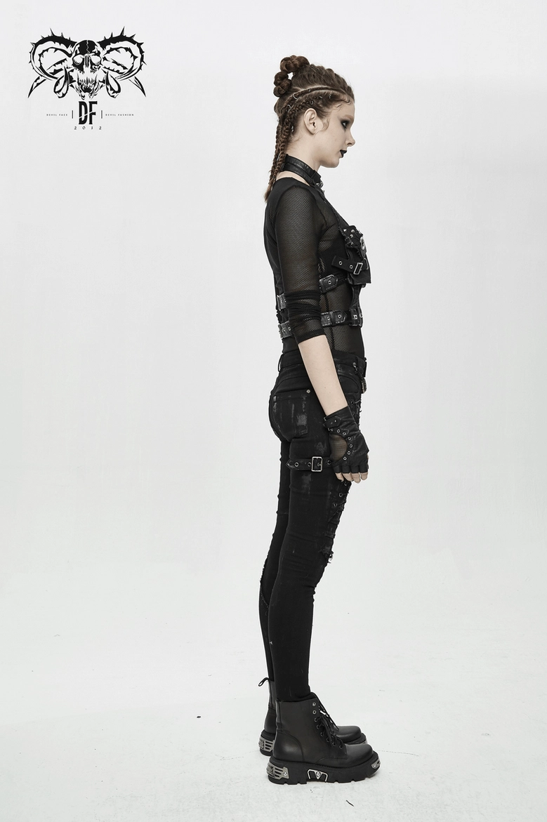 Black faux leather gothic chest harness worn by model showcasing comfortable fit and premium material quality