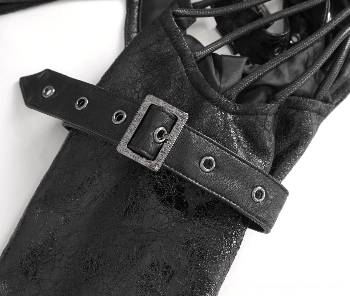 Gothic one-shoulder harness accessory showing complete asymmetrical strap architecture and faux leather construction