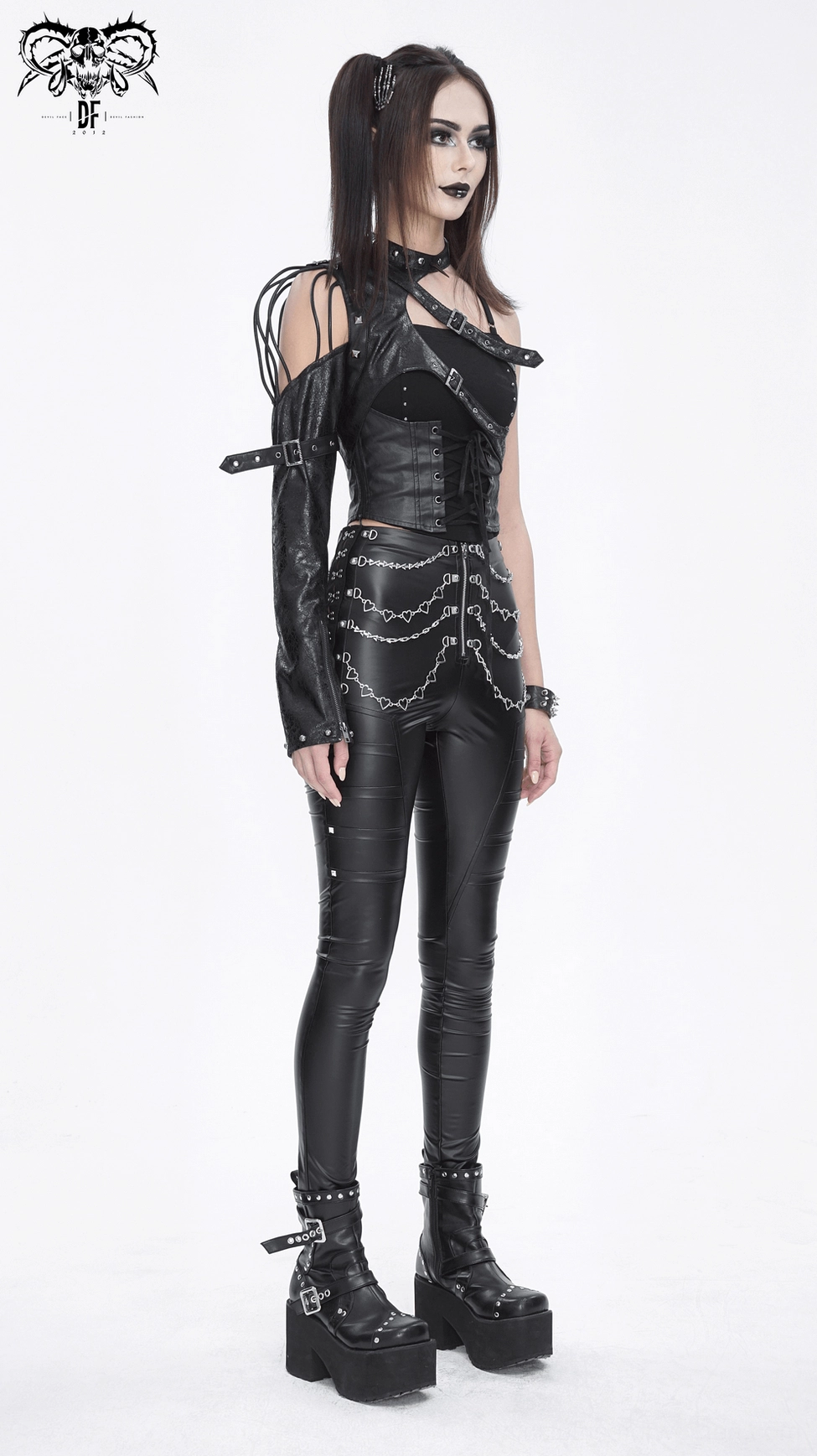 Gothic harness with one-shoulder strap and crisscross back design in faux leather material