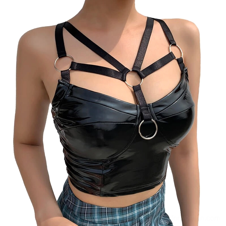Black patent leather hollow out harness crop cami top front view on model showing metal O-ring chest detail