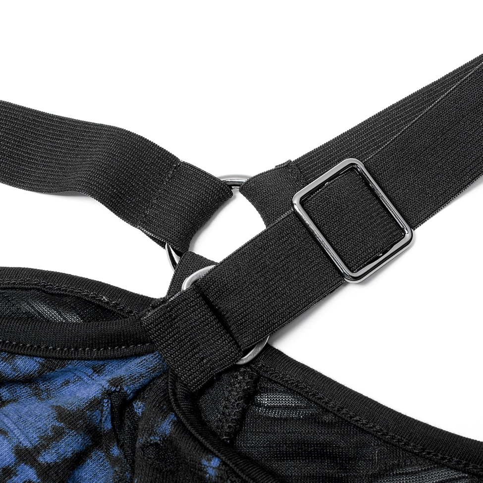 Close-up of adjustable buckle and elastic harness strap on gothic crop tee, metal hardware detail
