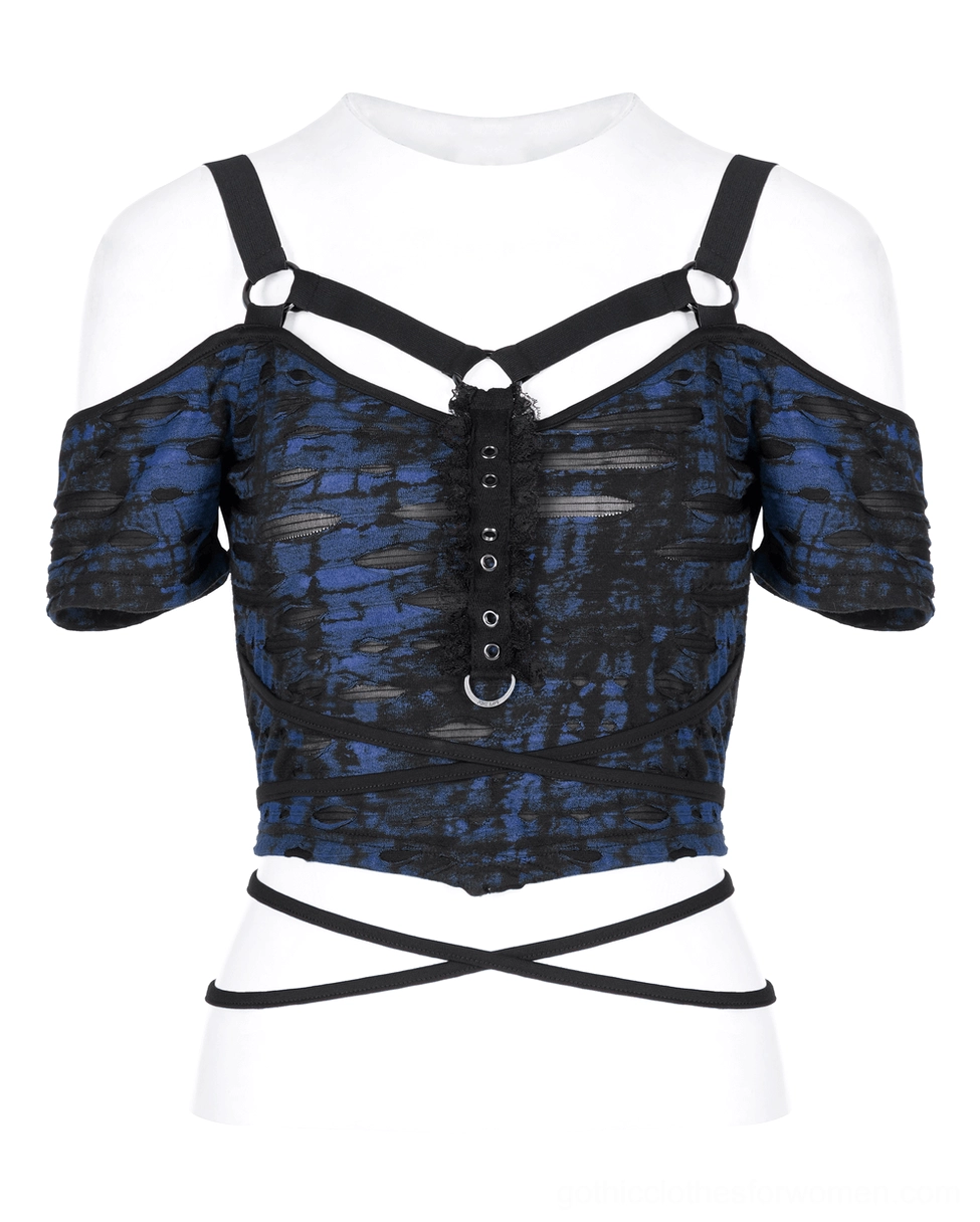 Gothic harness crop top front detail view on mannequin, adjustable metal eyelet straps and cropped silhouette