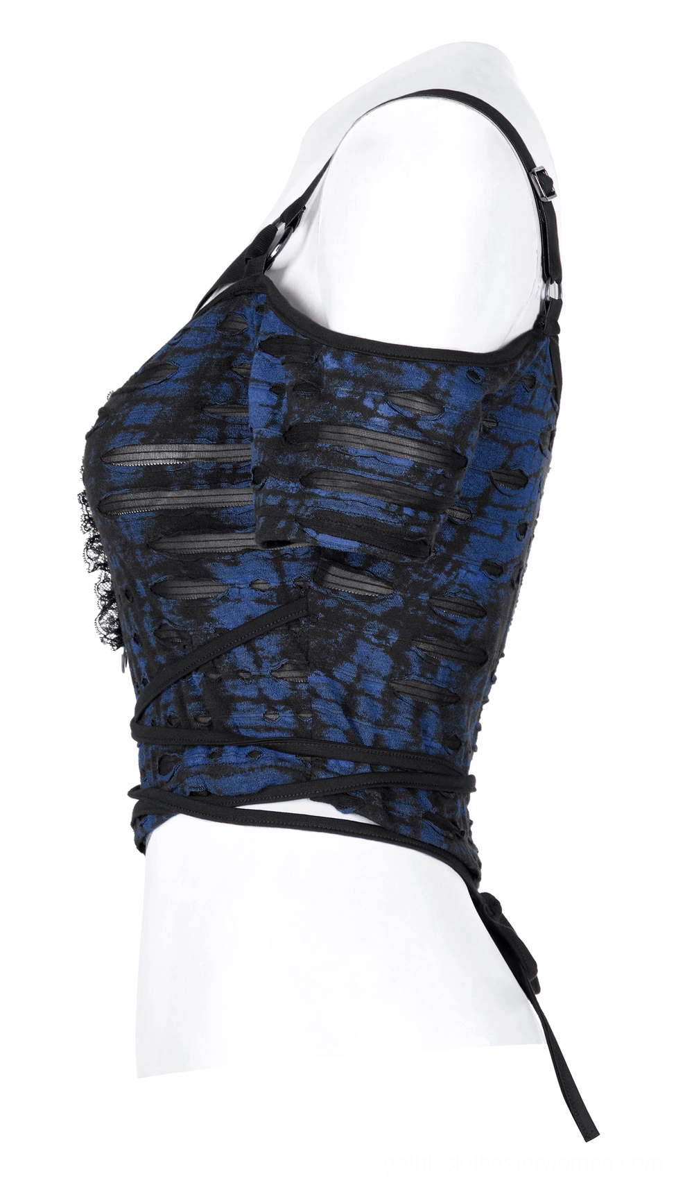 Black gothic crop tee side profile on mannequin, showing wrap-around harness straps and distressed knit texture