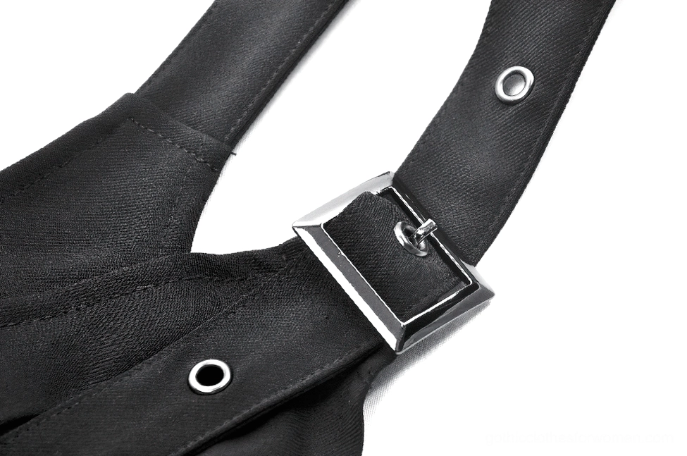 Black gothic harness crop top detailed product photography showing hardware quality and fabric texture from multiple angles