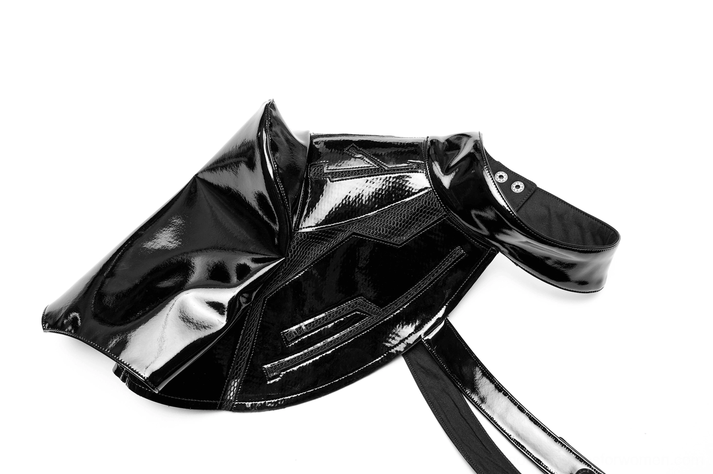 Gothic one-shoulder harness strap configuration showing crossbody design and adjustable snap button system