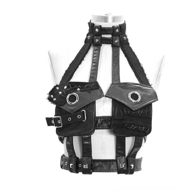Black faux leather gothic harness displayed on dress mannequin front flat view showing metal grommets and structured design