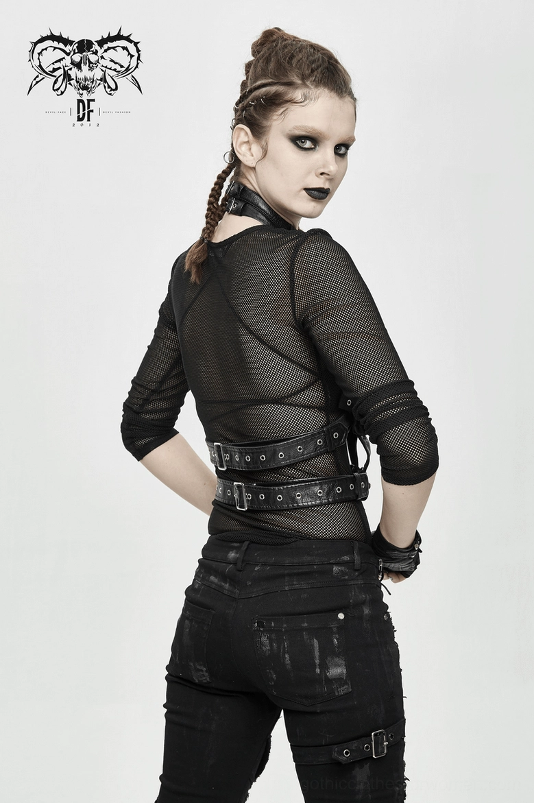 Layered faux leather straps of gothic chest harness showing architectural design and buckle adjustment mechanisms